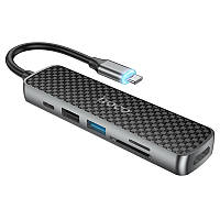 USB-хаб Hoco HB24 Easy display Type-C multifunction adapter(HDMI+USB3.0+USB2.0+SD+TF+PD) Metal Gray