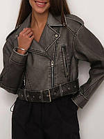 Женская куртка косуха укороченная "vintage" Винтаж Ткань: эко кожа Цвет: серый Размеры: S,M,L