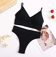 Спортивний комплект жіночої білизни зі стрінгами та push-up S-M, Чорний
