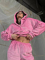 Женская теплая пижамка с ушками, кофта и штаны, розовая