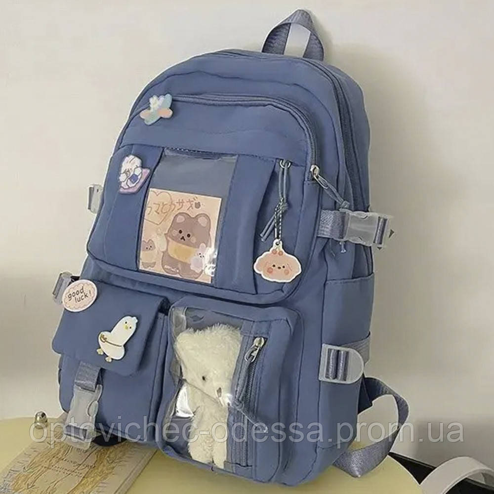 Рюкзак в стилі Преппі Ведмедик підлітковий зі значками  Синій Хіт продажу!