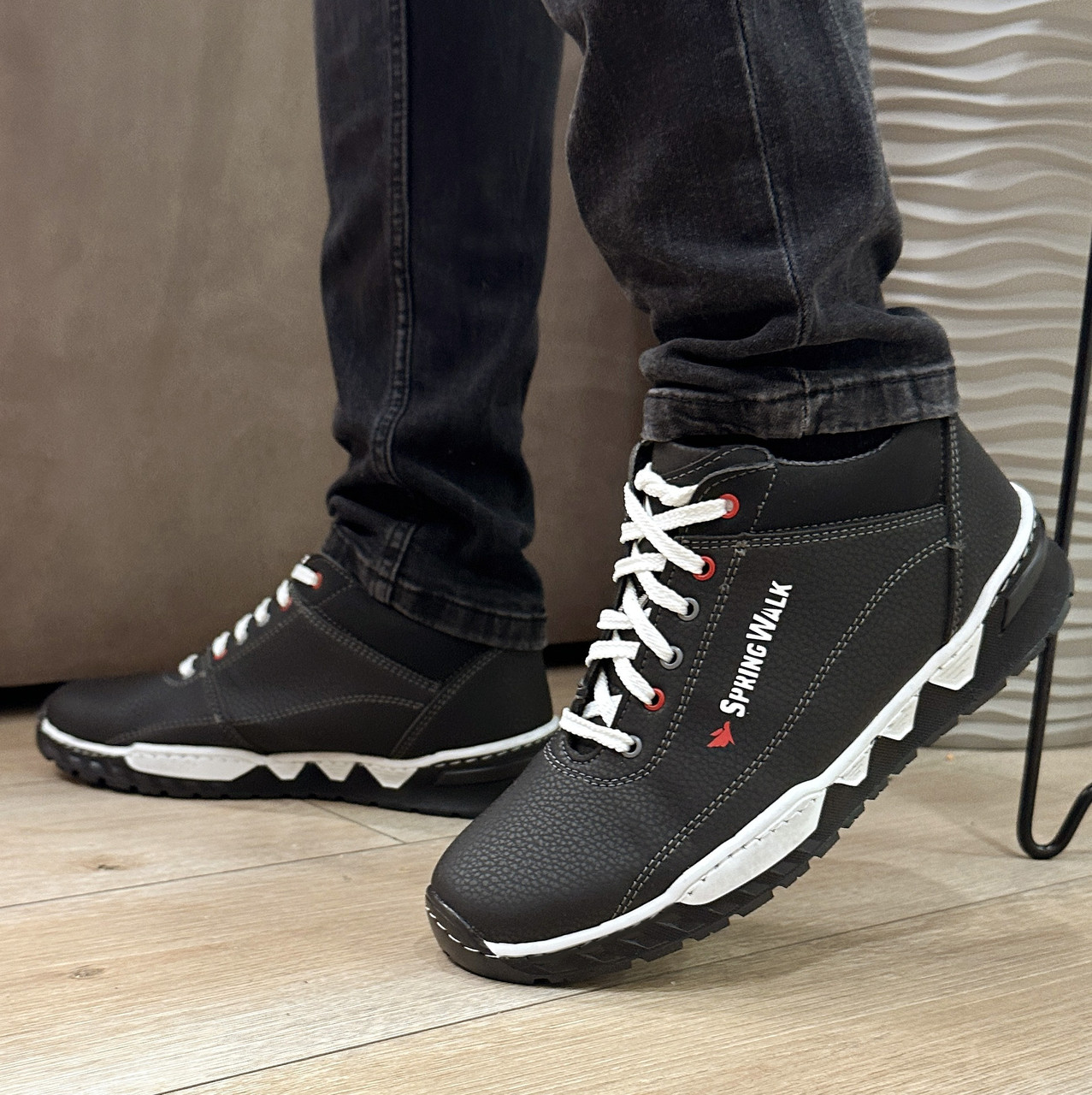 Кроссовки мужские черные с белым весна-осень прошитые (Сгк-10чб ...