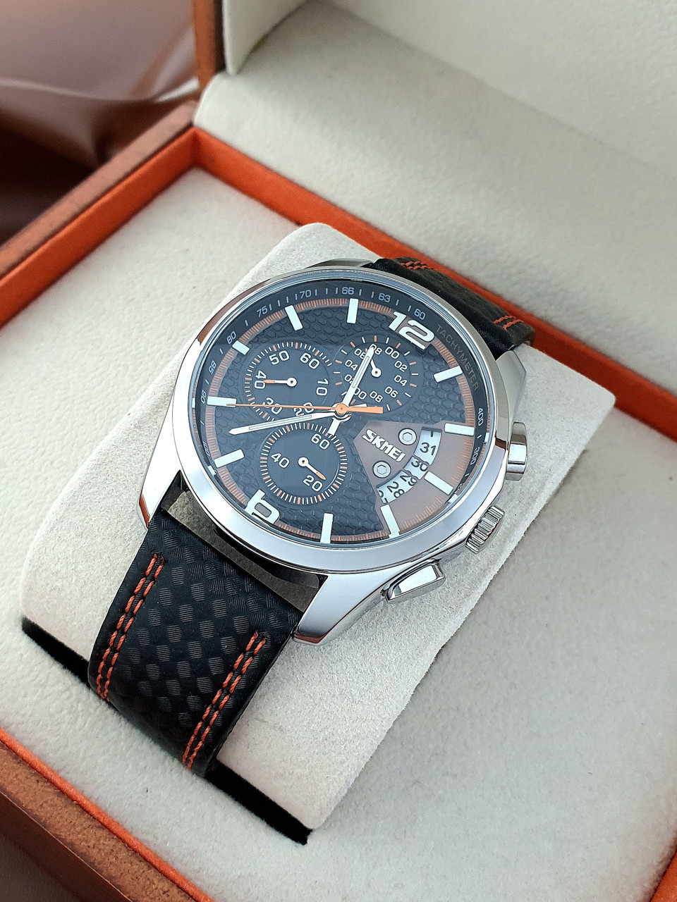 Класичний чоловічий кварцевий наручний годинник з хронографом Skmei 9106 Silver-Black-Orange