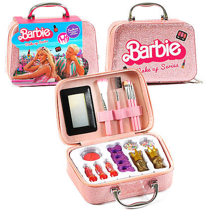 Косметика дитяча, набір косметики Barbie, барбі,  15 елементів, пензлики, набір для манікюру, рум’яна, помади, у валізі 19*7*17см