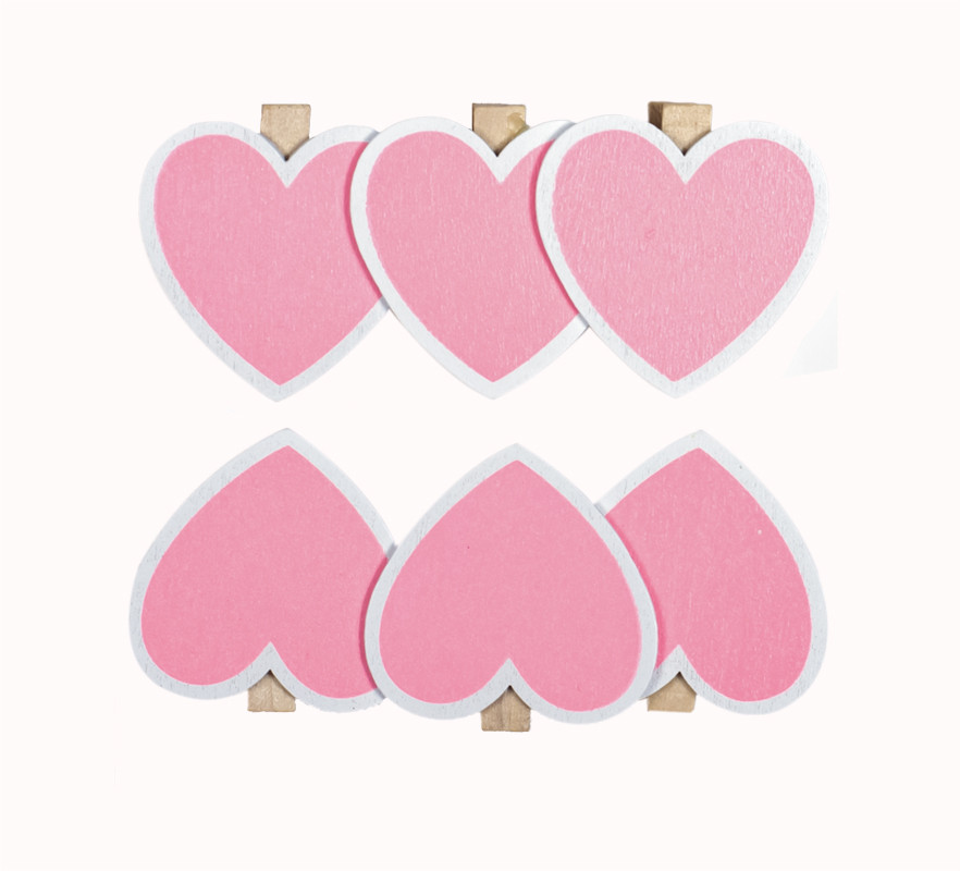 Прищіпки дерев'яні для декор 6 штук Сердечка рожеві 5 см набір