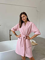 Женский халат кимоно вафельный, розовый