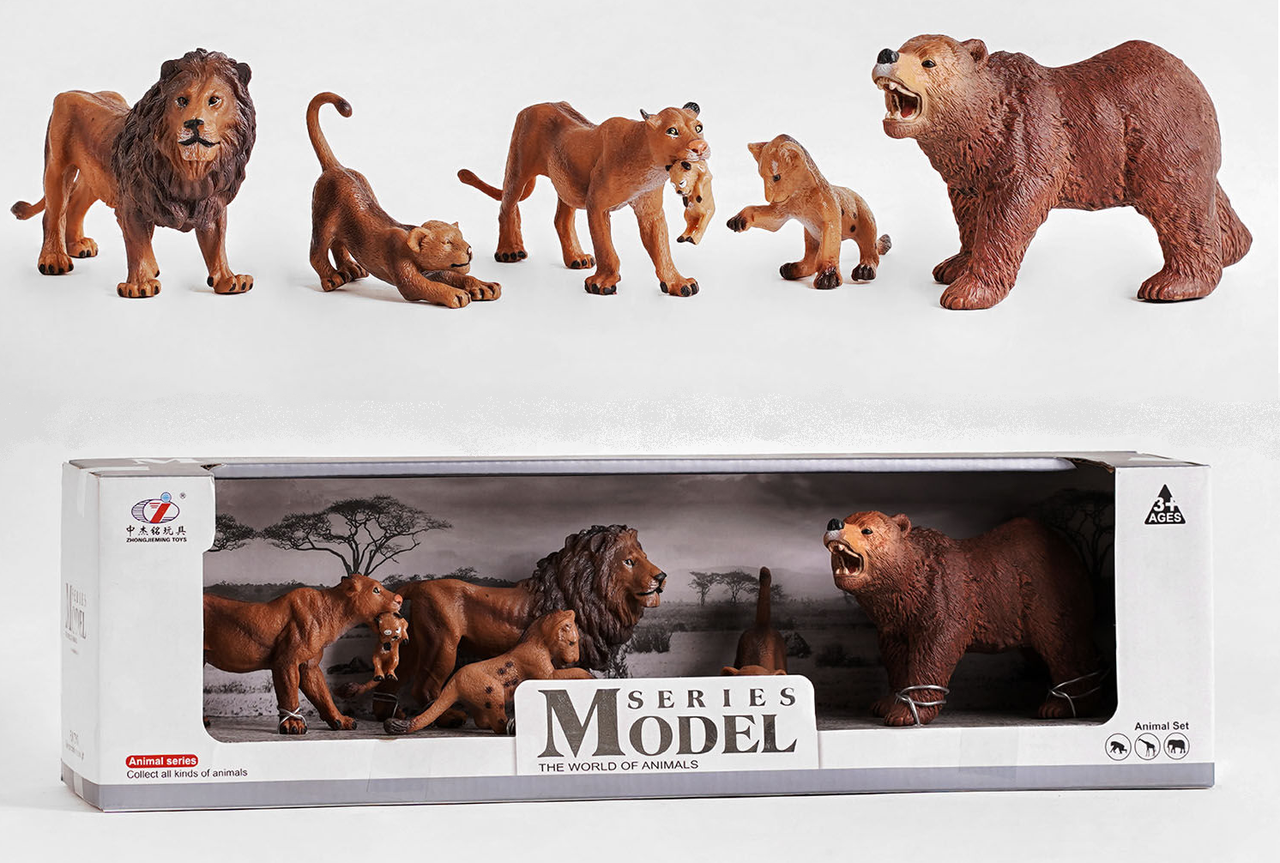 Неймовірно деталізований ігровий набір для дітей з реалістичними фігурками диких тварин Сім'я левів та ведмідь 5 елементів, фото 1