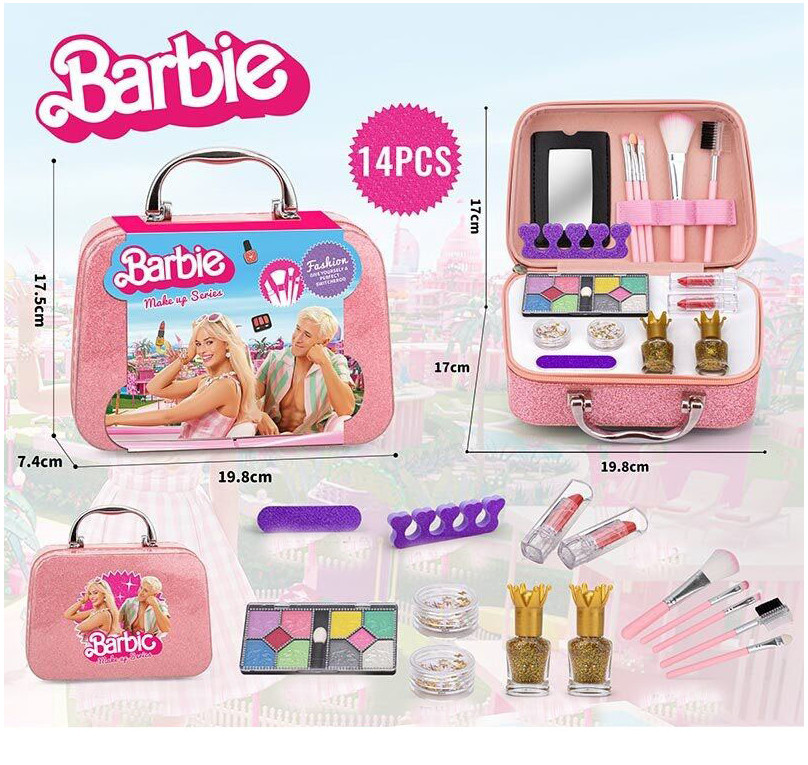 Косметика дитяча, набір косметики Barbie, 14 елементів, пензлики, набір для манікюру, тіні, помади, у валізі 19*7*17см (QH 1001-9, фото 1