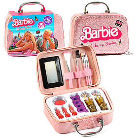 Косметика дитяча, набір косметики Barbie, барбі,  15 елементів, пензлики, набір для манікюру, рум’яна, помади, у валізі 19*7*17см