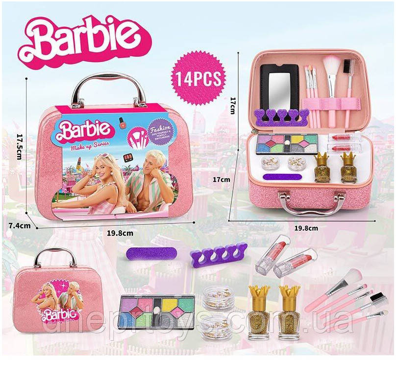 Косметика дитяча, набір косметики Barbie, 14 елементів, пензлики, набір для манікюру, тіні, помади, у валізі 19*7*17см (QH 1001-9, фото 1