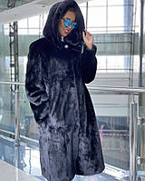 Шуба-халат норковая натуральная цельный мех, чёрная с капюшоном 100 см.