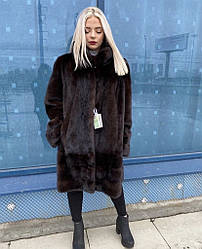 Шуба норкова натуральне суцільне хутро з капюшоном колір коричневий 100 см. Є великі розміри