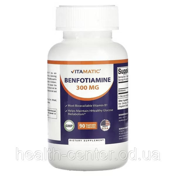 Бенфотіамін Benfotiamine 300 мг 90 капс жиророзчинний вітамін B1 Vitamatic США