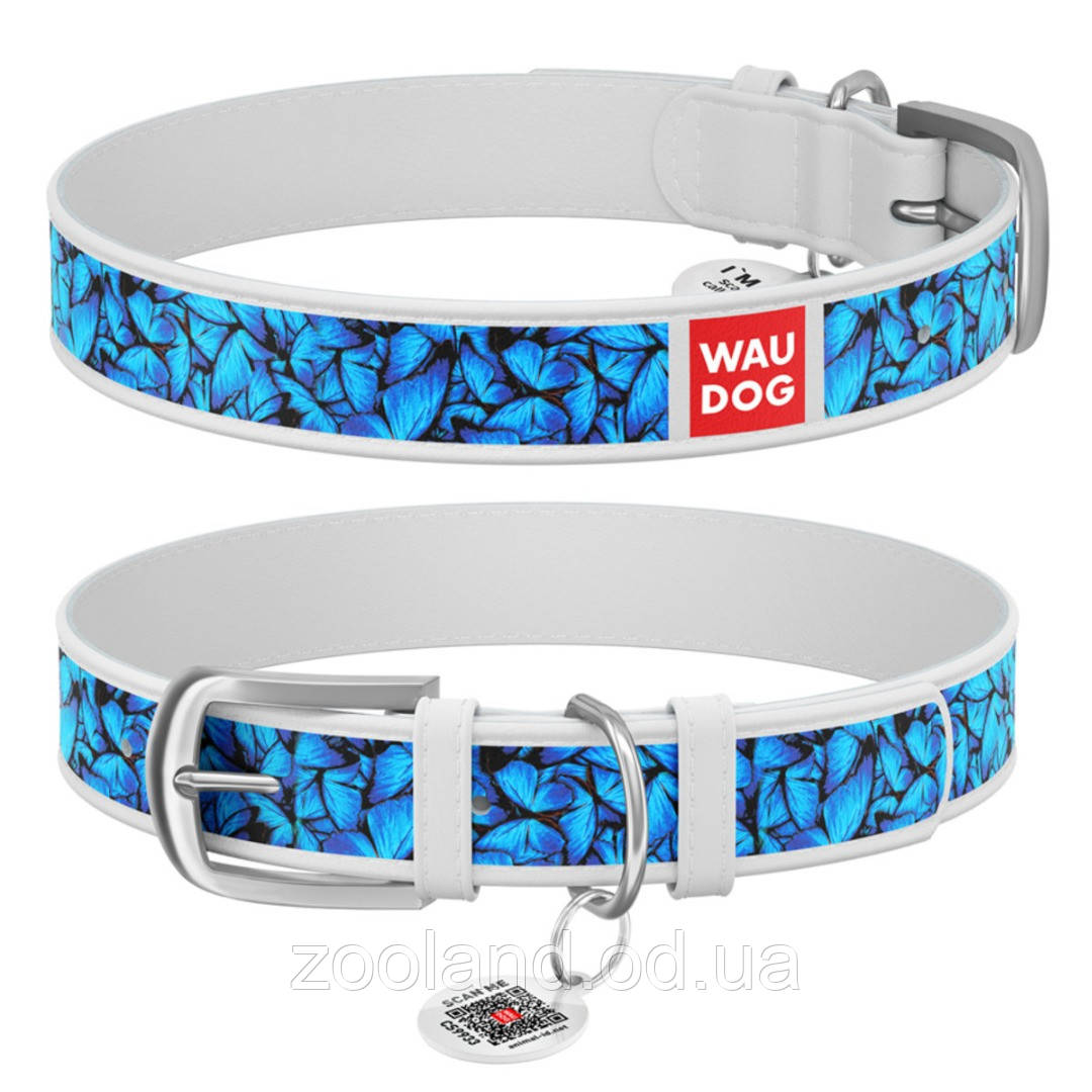 0015-0085-15 Collar WauDog Design Блакитні метелики з qr паспортом білий, 26-35/15 мм