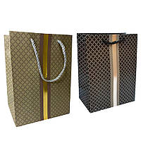 Пакет подарунковий "Орнамент" золота смужка 18х23х10 см в асортименті