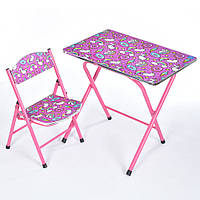 Складной столик - парта с регулировкой и стульчиком с рисунком Единорога и алфавита Bambi M 19-UNI Розовый