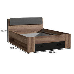 Двоспальне ліжко з ящиком для білизни Jawa 160х200 см дуб темний і чорний глянець з м'яким узголів'ям