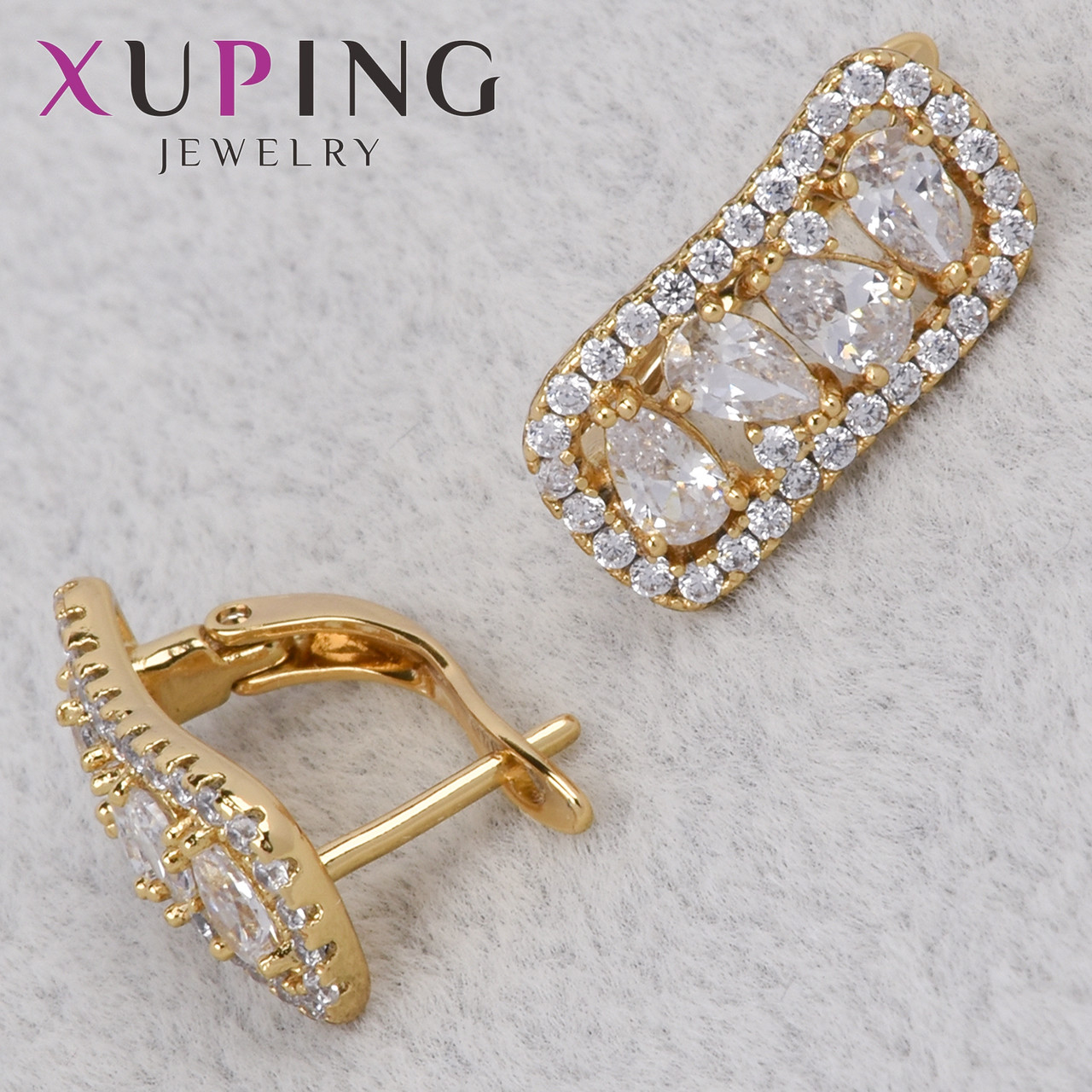 Серёжки женские золотистого цвета Xuping Jewelry 18K английская застёжка с белыми кристаллами размер 17х8 мм - фото 1 - id-p2094227118