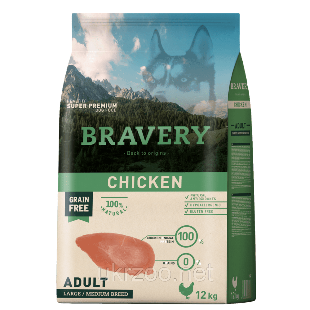 BRAVERY Chicken Adult Large/Medium,сухий корм для дор.собак середніх та великих порід,з куркою 12kg (307)