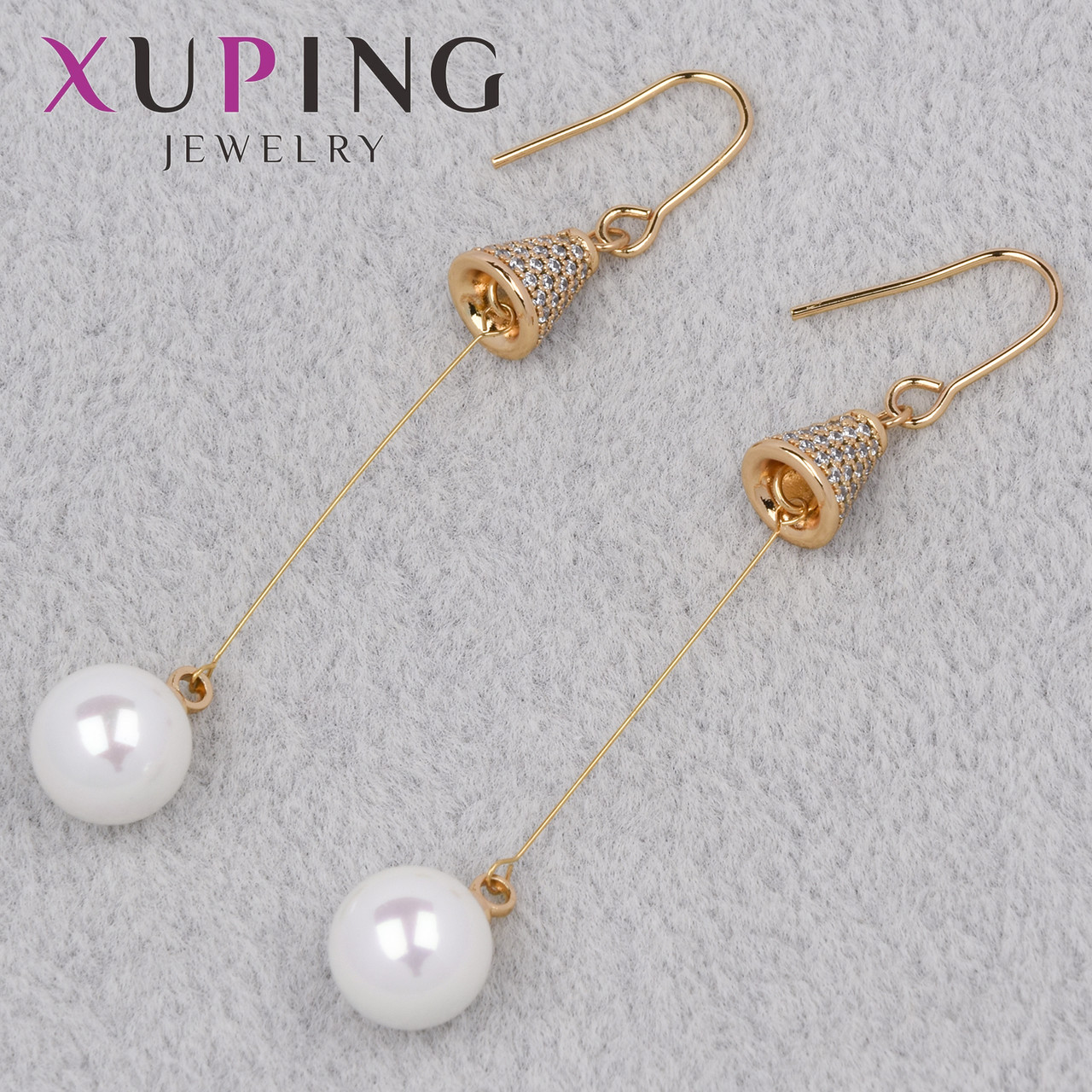 Серёжки женские золотистого цвета Xuping Jewelry 18K застёжка петля с висюльками жемчужинки длина 60 мм