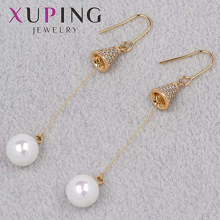 Серёжки женские золотистого цвета Xuping Jewelry 18K застёжка петля с висюльками жемчужинки длина 60 мм, фото 1