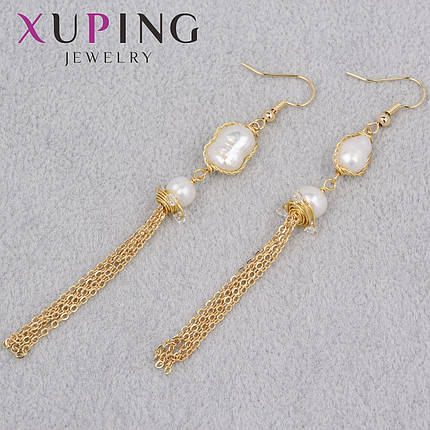 Серёжки женские золотистого цвета Xuping Jewelry 18K застёжка петля с висюльками жемчужинки длина 95 мм, фото 1
