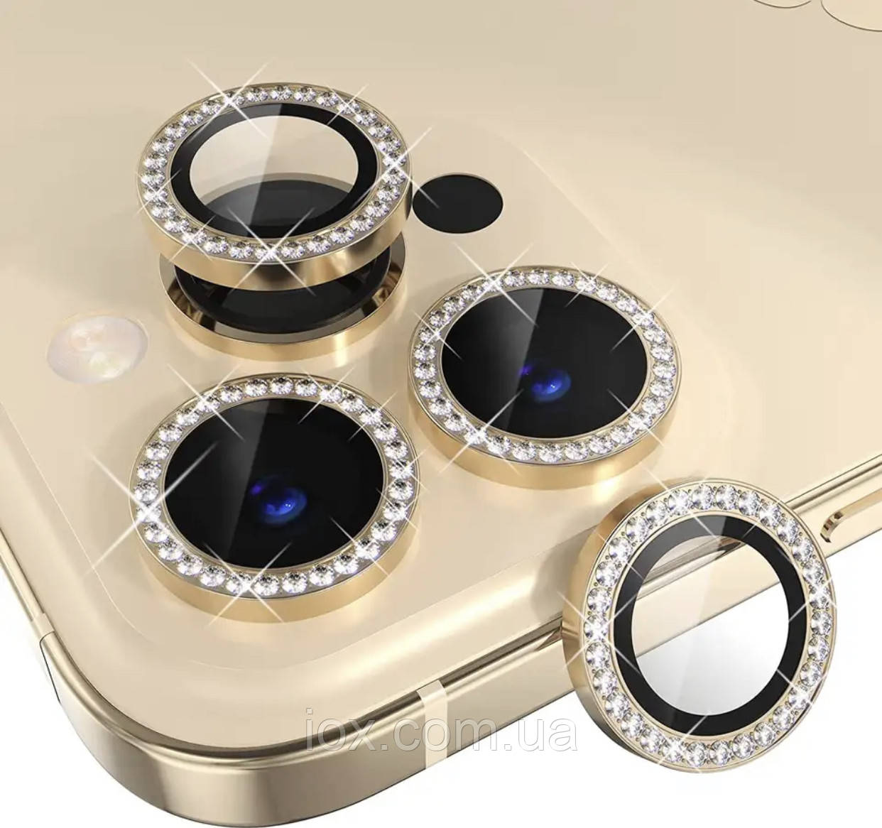 Захисне Золоте скло на камеру для iPhone 14 Pro Max з камінням