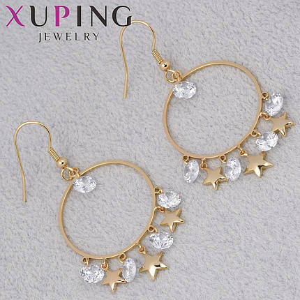 Серёжки женские золотистого цвета Xuping Jewelry 18K застёжка петля кольца с висюльками диаметр 25 мм, фото 1