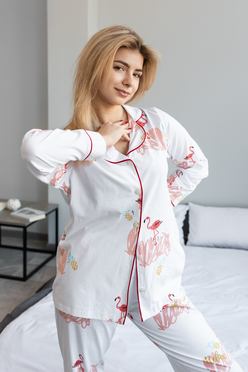 Ніжна жіноча піжама з натуральної бавовни біла з фламінго р.S-2XL (48-56)