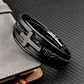 Браслет чоловічий шкіряний CHRISTOPHER чорний плетений 17-19 см (довжина 21 см)