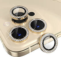 Захисне золоте скло на камеру для iPhone 15 з камінцями