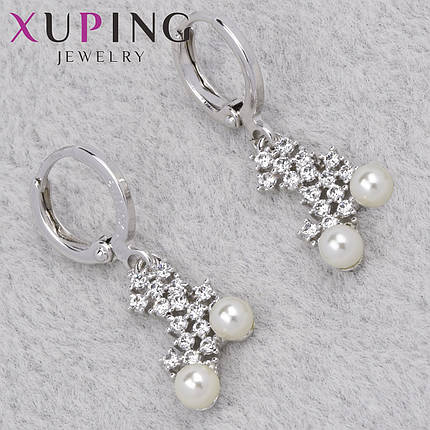 Серёжки женские серебристого цвета Xuping Jewelry 18K кольцо конго с стразами и жемчужинами диаметр 13 мм, фото 1