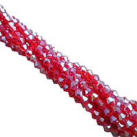 Бусины хрустальные (биконус) 4 мм, нить 85-90 шт, цвет - с переливом светлый красный прозрачный