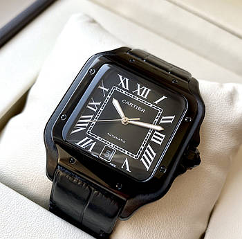 Cartier Santos Black AAA — чоловічий механічний годинник з автопідзаводом на шкіряному браслеті та календарем