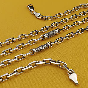 Срібна цепочка чоловіча товста зі вставками Архангел Михаїл і Спаси і Збережи освячена. Якірний ланцюг 55 см