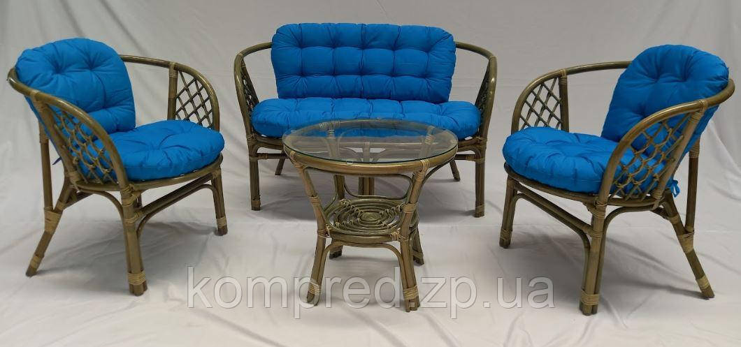 Комплект плетених меблів з натурального ротанга софа, 2 крісла та столик для дому, тераси та кафе Синій, фото 1