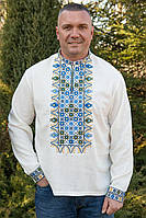 Вышиванка льняная мужская молочная, рубашка с орнаментом
