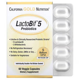 Пробіотики LactoBif 5 California Gold Nutrition 5 млрд КУО 60 вегетаріанських капсул