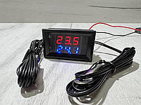 Врезной электронный термометр с двумя выносными датчиками температуры и клеммами -20°C ~ 110°C, 6-28В, Чёрный