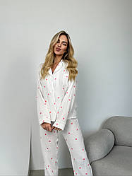 Жіноча Муслінова піжама СОРОЧКА+ШТАНЦІ СЕРЦЯ НА РОЖЕВОМУ