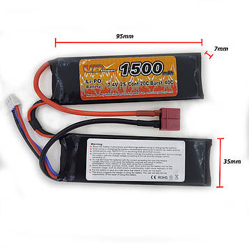 Акумулятор LiPo 7.4V 1500mAh - 2 stick 20-40C Т-конектор (VBPower) (для страйкболу), фото 1