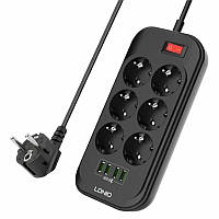 Мережевий подовжувач з фільтром LDNIO SE6403  2,0м., 6EUR + 4USB 3,4A
