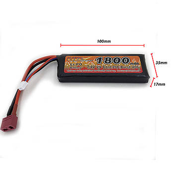 Акумулятор LiPo 7.4V 1800mAh - stick 20-40C моноблок Т-конектор (VBPower) (для страйкболу), фото 3