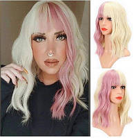 Женский парик 38 см синтетический короткая стрижка блондинка розовая прядь +тату и шапочка
