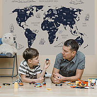 Вінілова інтер'єрна наклейка кольорова декор на стіну "Карта світу українською мовою з кораблями" з оракалу