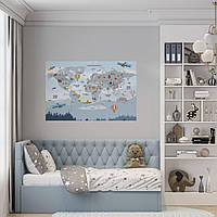 Вінілова інтер'єрна наклейка кольорова декор на стіну "Карта світу українською мовою з тваринами та літаками" з оракалу