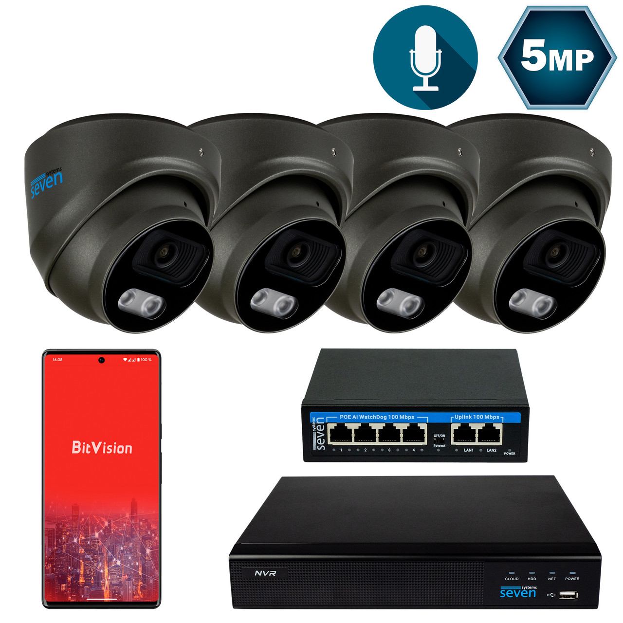 Комплект відеоспостереження на 4 купольні 5 Мп IP-камери SEVEN IP-7215B4-5MP