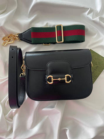 Жіноча чорна шкіряна сумка Gucci Horsebit 1955 GG Supreme груччі гучі плечова сумка, фото 1