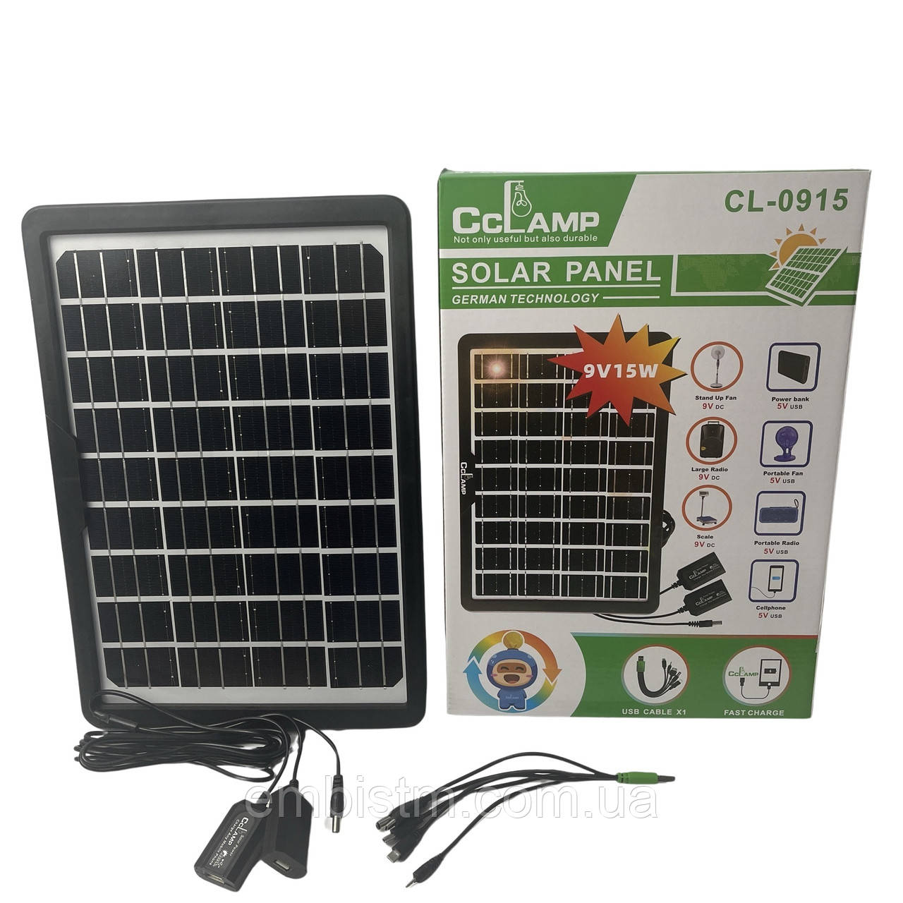 Переносна сонячна панель CCLamp CL-0915 15 W 9 V 6 V IP65 з набором перехідників для заряджання телефонів 2 USB