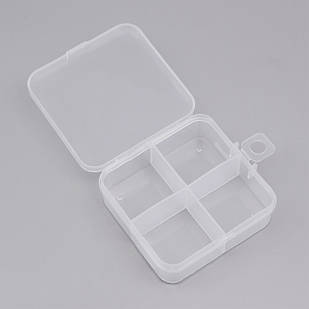 Контейнер для Бусин, Пластик, Безбарвний, Квадрат, Розмір: 7.3х6.9х2.4см, 4 відсіки, 3.2х3см, 1 шт